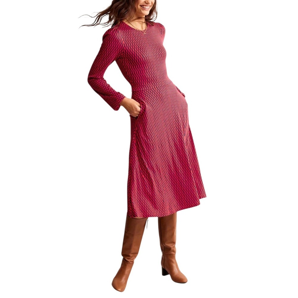 New With Tags Boden Size 6L Long Tall Camille Jersey Midi Dress Red Block Tile - Picture 2 of 12